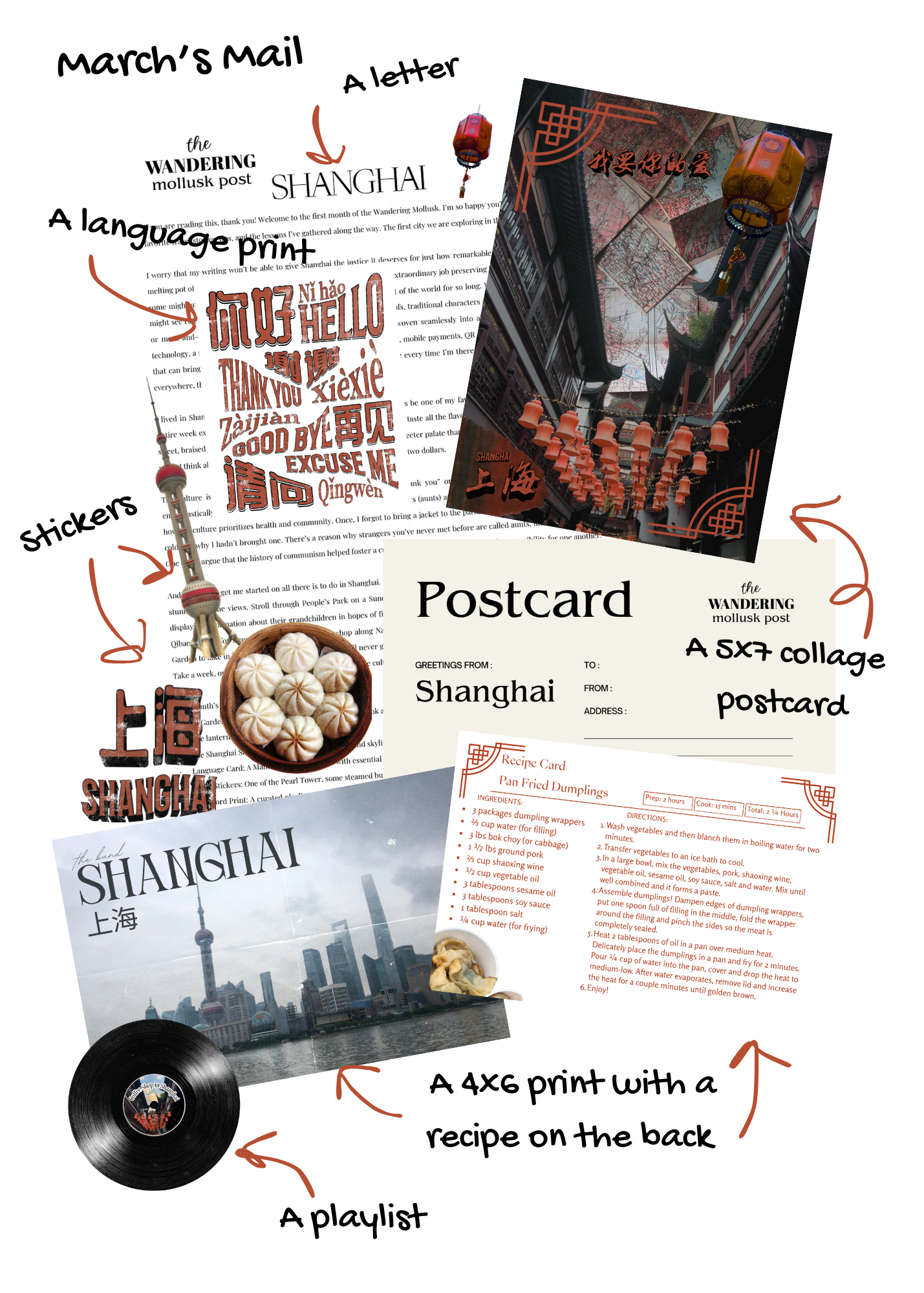 Collage of various items including a letter, postcard, vinyl record, and recipe print with text and graphics.